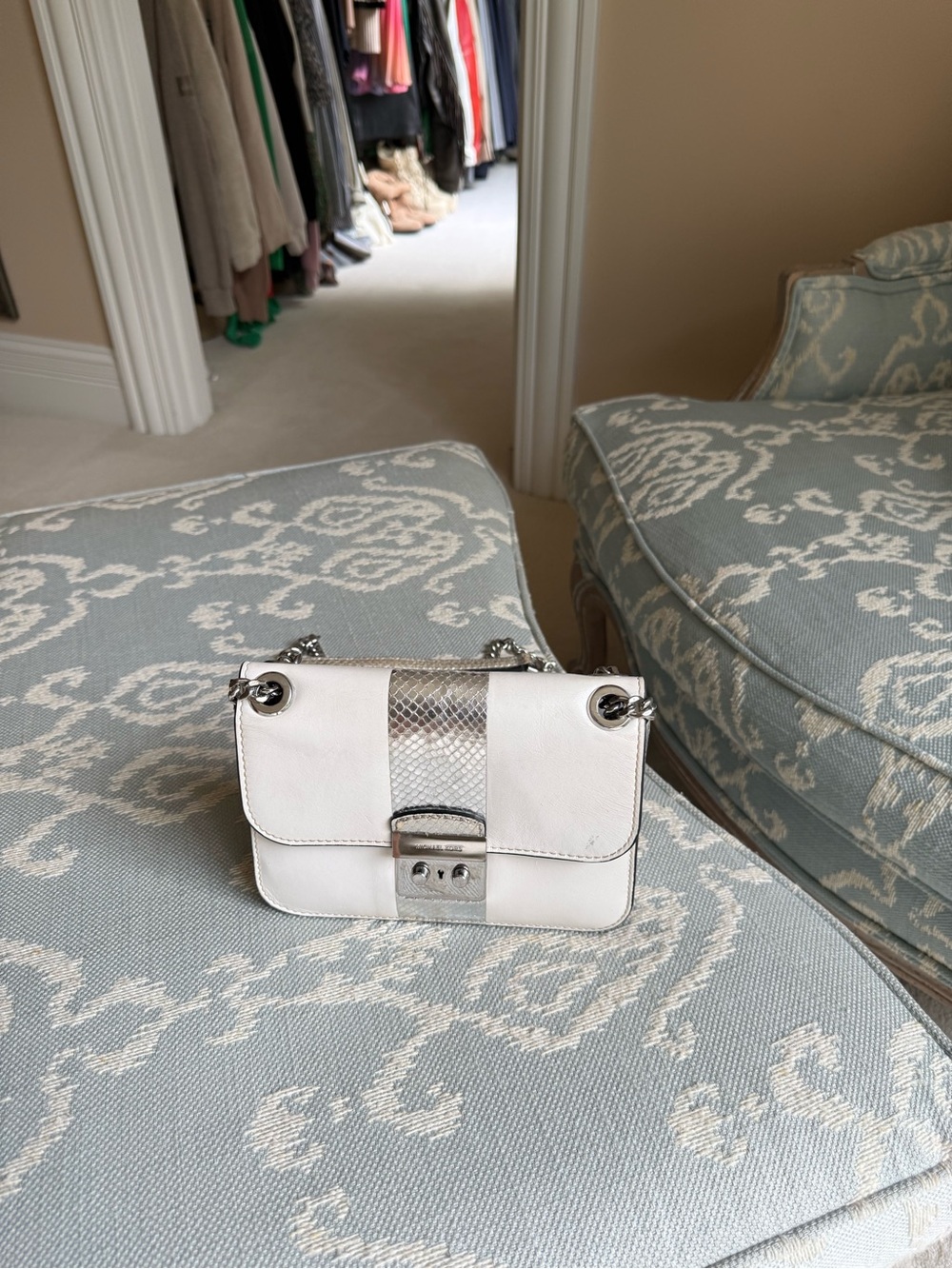 Michael Kors White Leather Crossbody with Silver Snake-Texture Accent